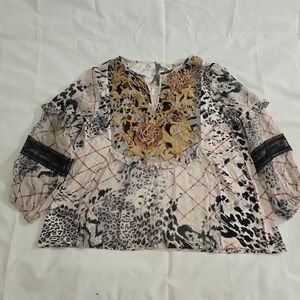 Anthropologie Mathilda Puffed Sleeve Floral Embroidered Women's Top Sz Small
